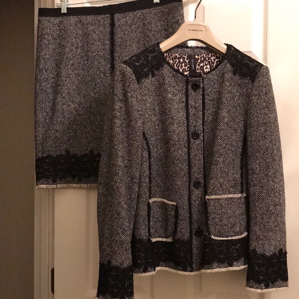 Marc Cain Wool Black Fringe Lace Jacket Skirt Suit N6 42 Vintage